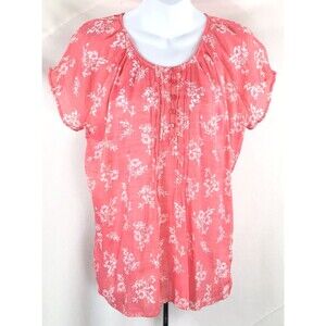 Bit & Bridle Top L Coral Shimmer Floral 1/2 Button Smocked Pleats gauzy romantic